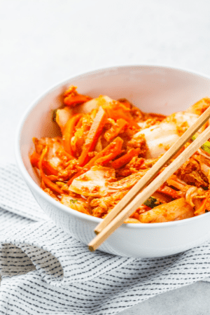 One of the best fermented foods for gut health is the spicy, flavorful kimchi. 