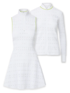 An all-white, pointelle lace tennis outfit.