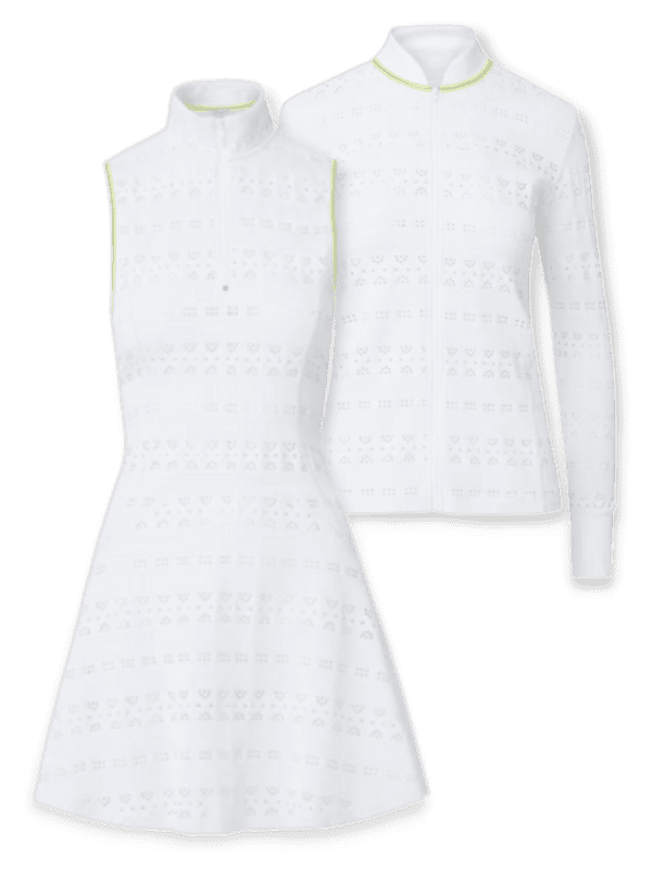 An all-white, pointelle lace tennis outfit. 