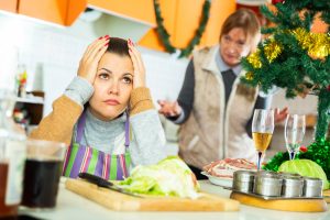 A woman is stressed because she hasn't mastered how to say no during Christmastime.