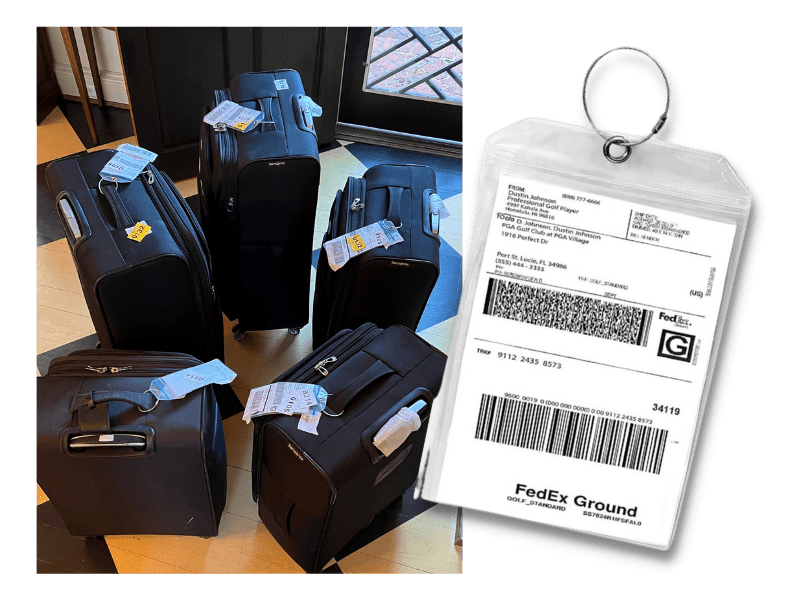 Five similiar suitcases are waiting for pickup by ShipGo, a luggage shipping service. An up-close view of a shipping label tag is overlaid. 