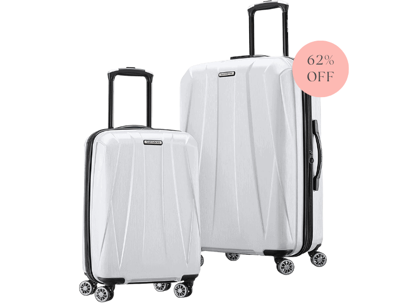 Two white Samsonite suitcases that are on sale for Prime Day. 