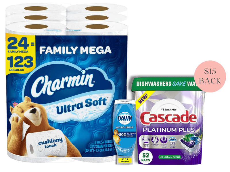 Household essentials including pictured toliet paper, Dawn dish soap, and Cascade dishwasher pods are on sale. 