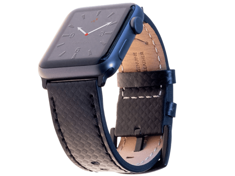 A stylish Apple Watch band available in three colors shown in it's dark brown leather option. 