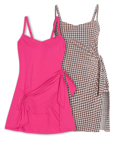 Two colorways of the Lands' End swim dress in a hot pink and earth-toned gingham. 