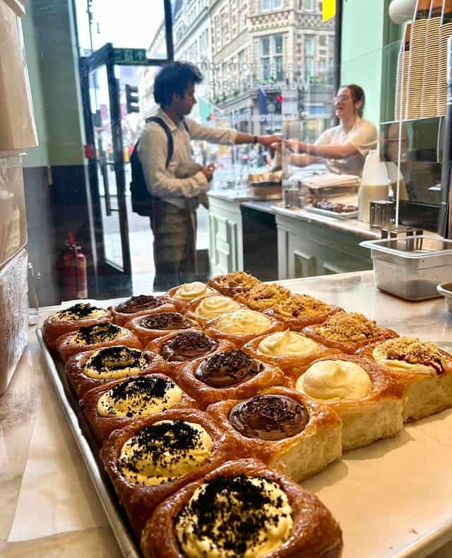 A variety of croissant dough buns in Soho, London. 