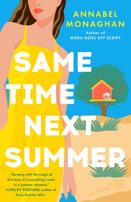 A close-up illustration of a woman on a beach. She wears a yellow dress. The cover reads "Same Time Next Summer." 