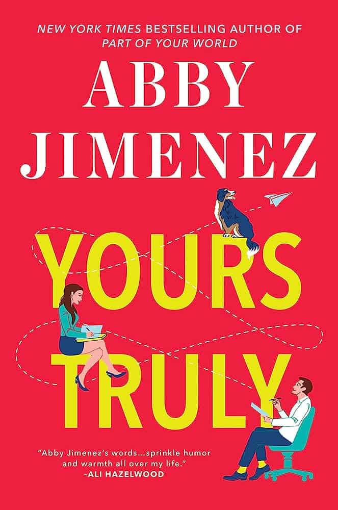 A red book cover with figures oriented around the text. It reads "Yours Truly." 