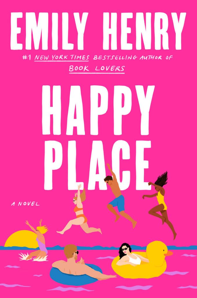A pink cover with figures jumping into a pool. It reads "Happy Place." 