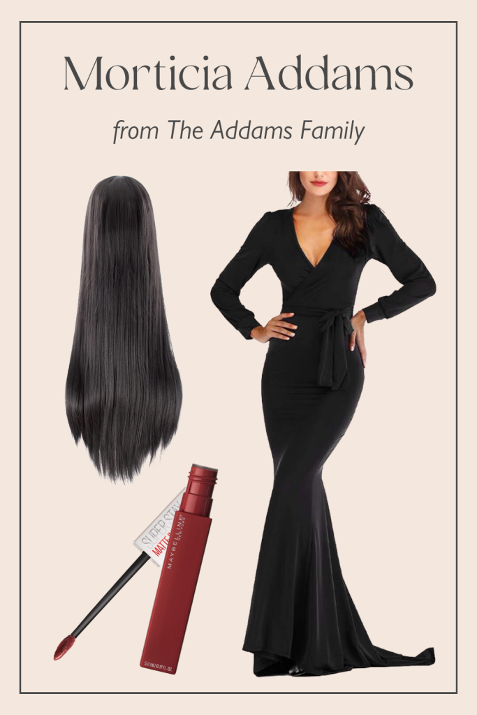 Layer an everyday black dress with simple accessories to create a Morticia Addams costume. 