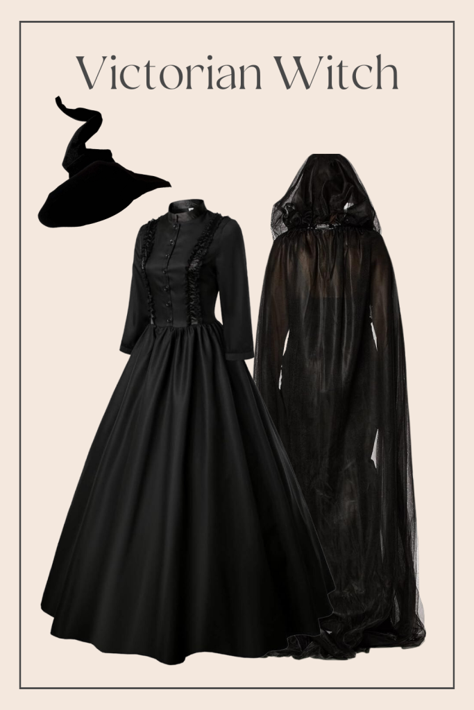 Build a Victorian Witch costume with a long black dress and iconic witch hat. 
