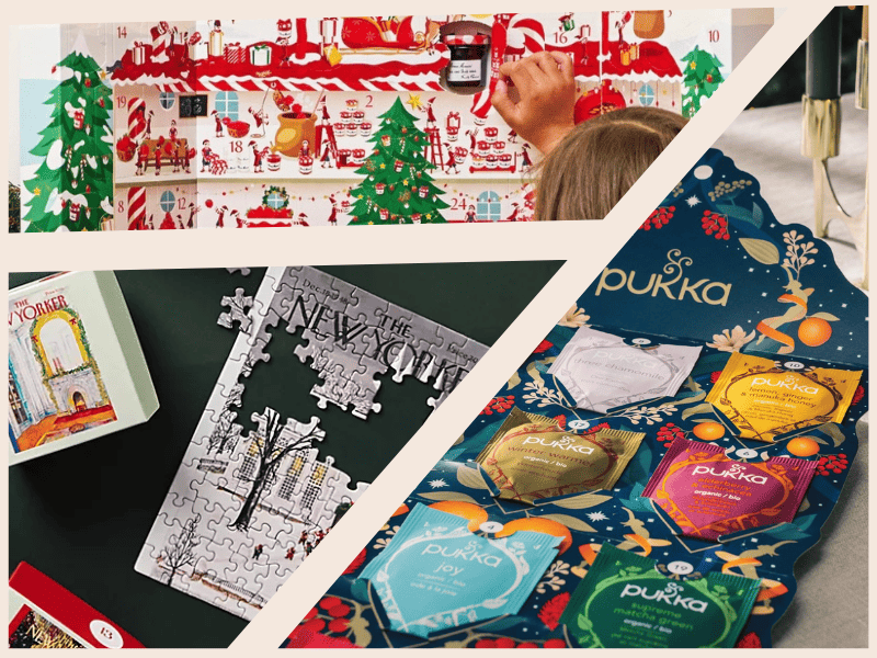 A three-part image of some of 2023 advent calendars including tea satchets, puzzles, and jams.