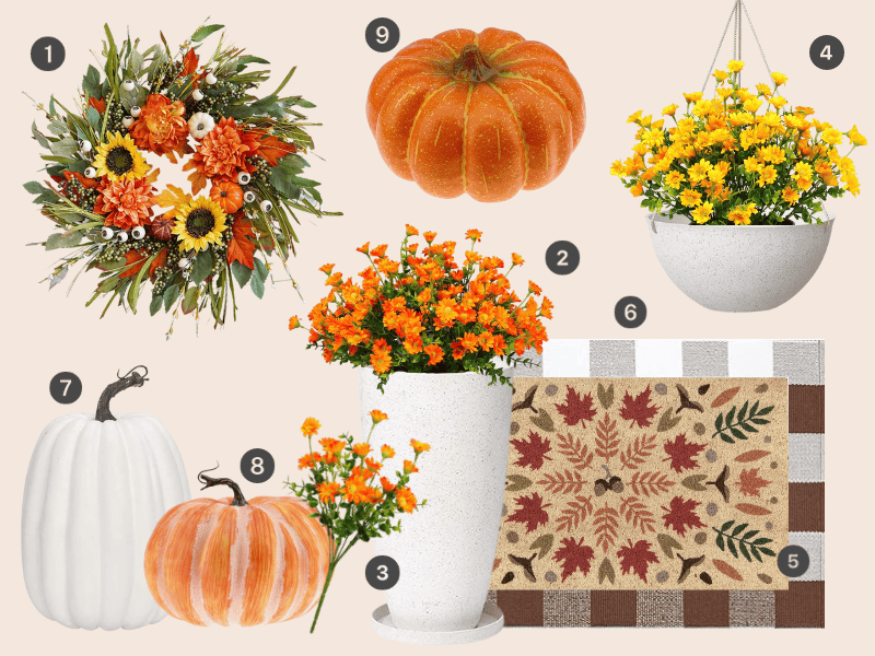 Fall porch decorations that rely on the color palette of fall leaves. 