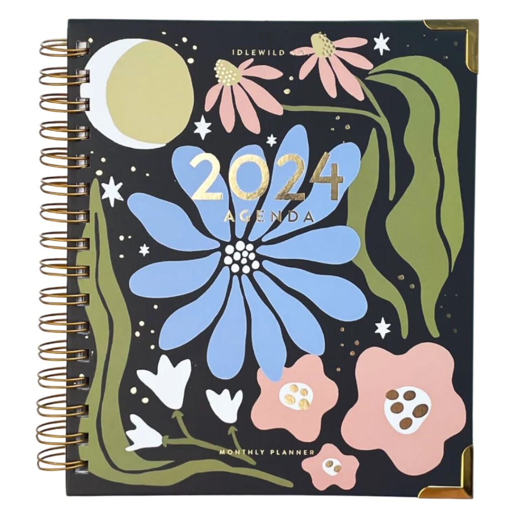 A gold-edged 2024 planner features abstract florals. 