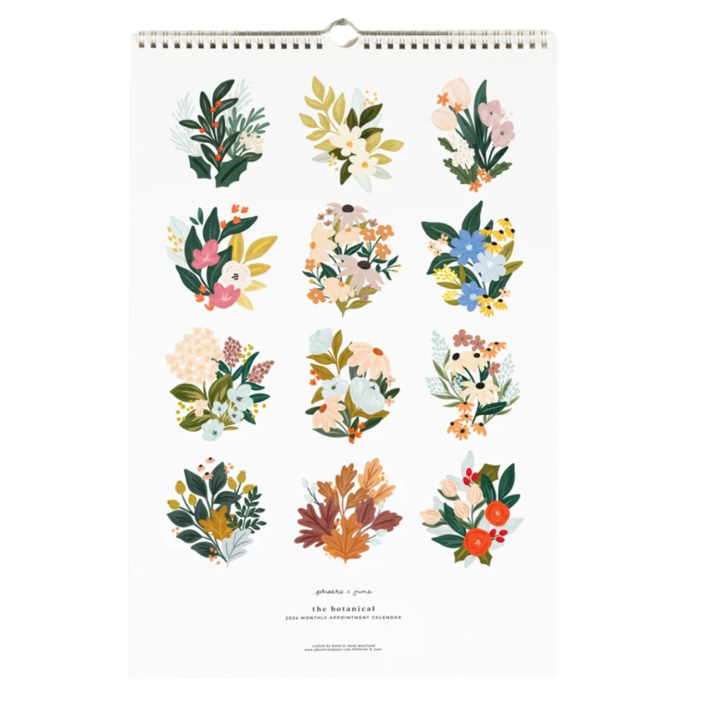 A floral illustration wall calendar features 12 different botanical illustrations. 
