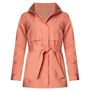 A waterproof women's rain jacket in a peach color. 