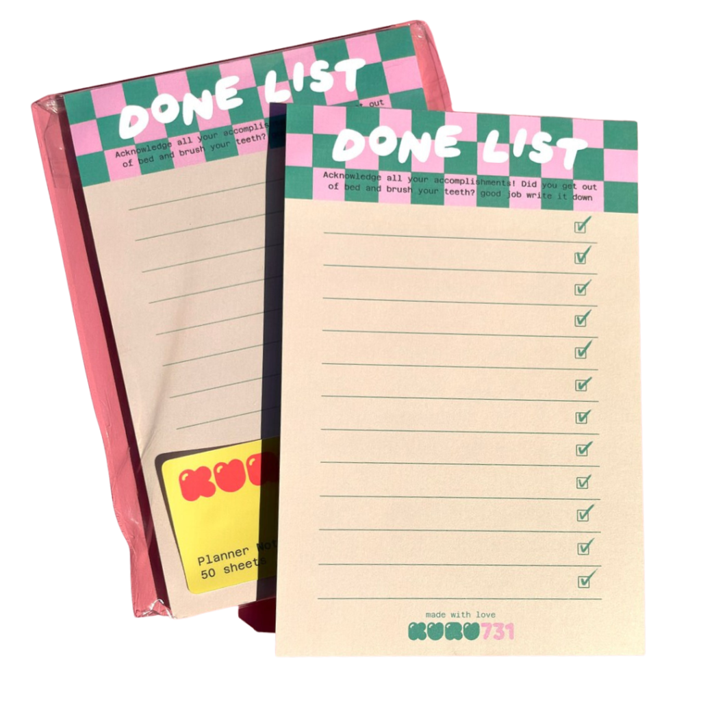 A peach-colored notepad reads "Done List" as an alternative to the traditional to do list. 