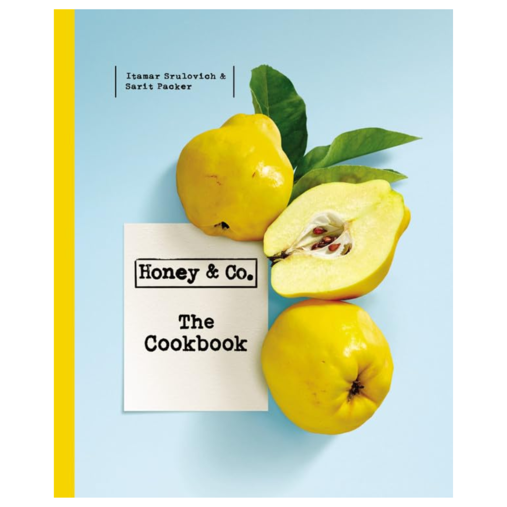 Honey & Co is one of the best cookbooks I used last year with a blue cover and yellow spine. 