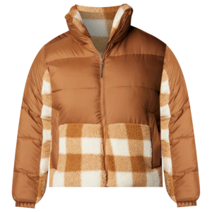 A checkered orange-tan puffer jacket sized for women. 