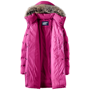 A magenta women's winter coat on sale from Land's End. It has a faux fur trimmed hood. 