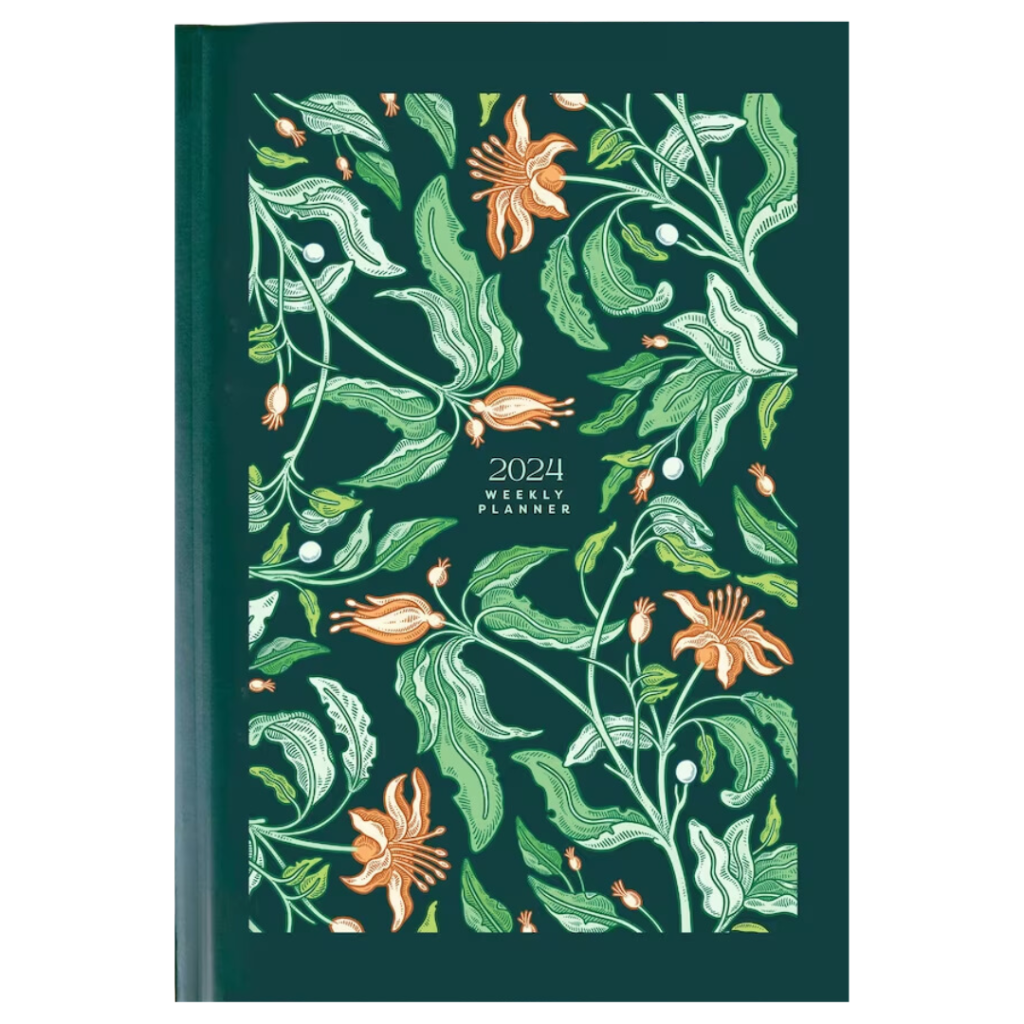 A green floral 2024 weekly planner features delicate botanical illustrations. 