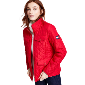 A red quilted women's coat from Tommy Hilfiger. 