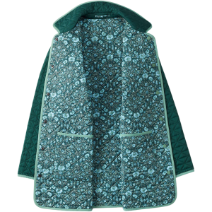 A dark green-blue quilted coat with a floral inner lining for women. 