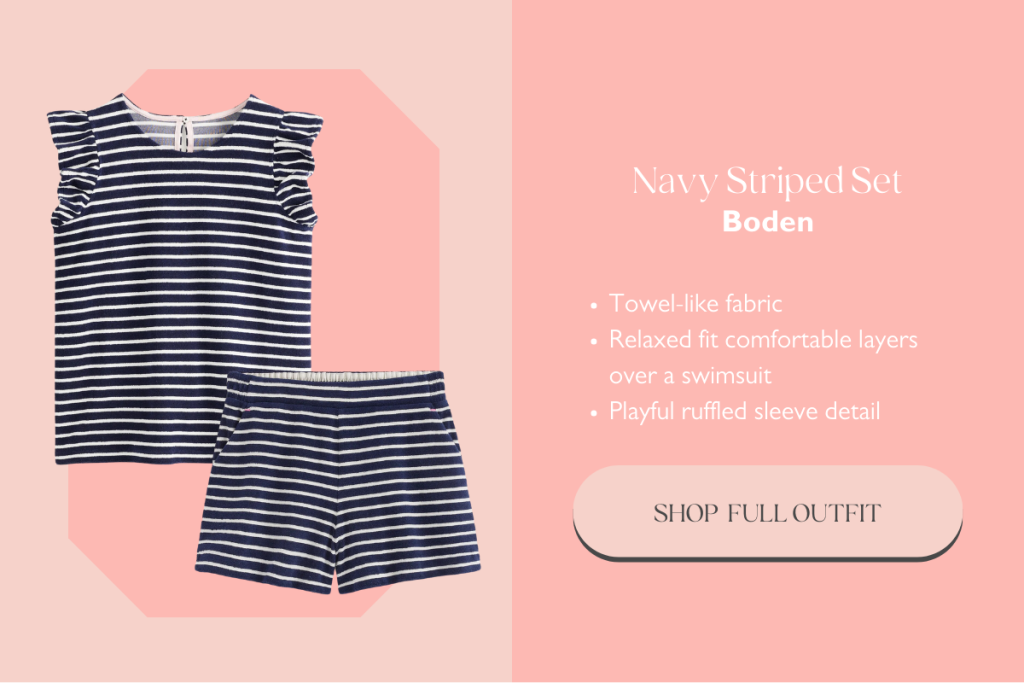 A navy-striped set made of Boden's toweling fabric is ideal to wear over a wet swimsuit. 